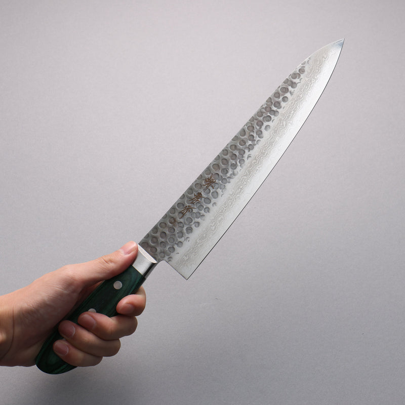 Sakai Takayuki VG10 17 Couche de Damas Gyuto  240mm Bois de pakka vert Manipuler - japanny-FR