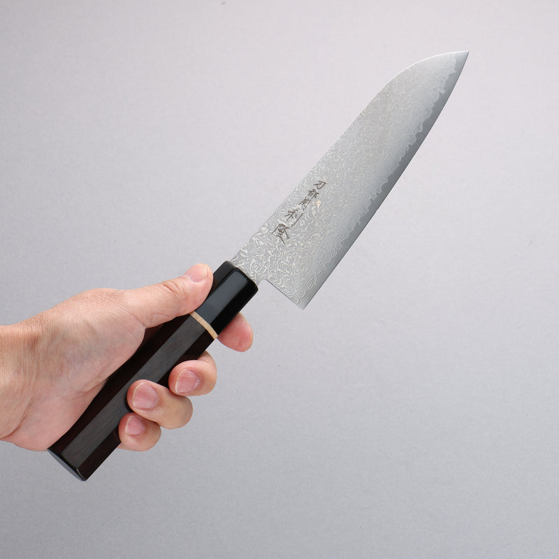 Toshitaka Seisuke VG10 65 Couche de Damas Santoku 180mm Manipuler Ébène (Bague Erable et virole Corne de buffle d'eau) - japanny-FR