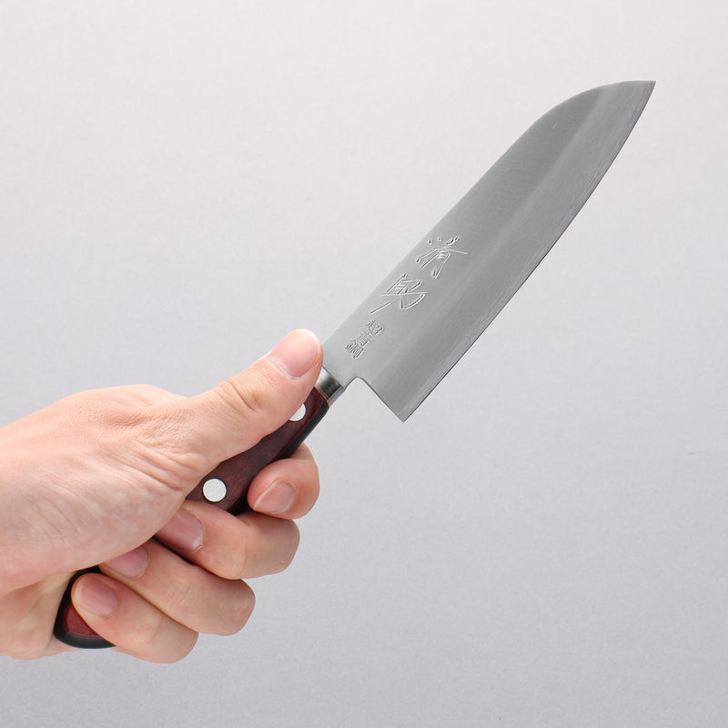 Seisuke Super Bleu Migaki Terminé Petit Santoku 140mm Manipuler Bois de pakka rouge et noir - japanny-FR