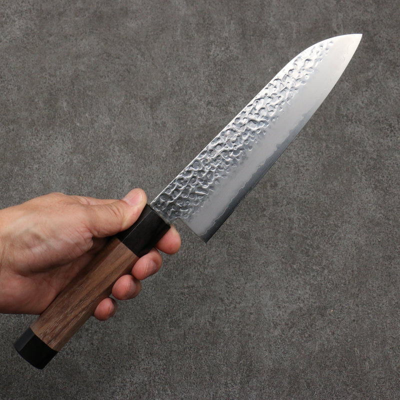 Seisuke Acier argenté NO.3 Martelé Santoku 180mm Manipuler Noix(double bague noir ) - japanny-FR