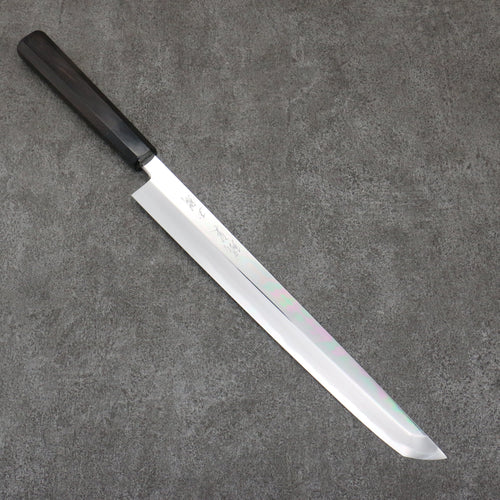 Tessen de Tanaka Tamahagane Sakimaru Yanagiba 300mm Bois d'ébène Manipuler avec Gaine - japanny-FR