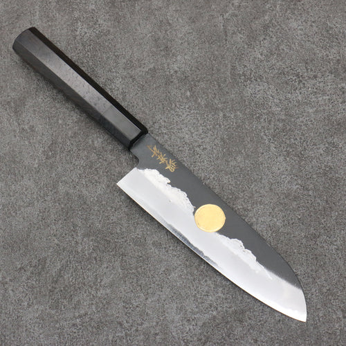 Sakai Takayuki Gravure remplie d'or par Kubota Jyurokuya Acier Blanc No.2 Finition noire Santoku 180mm Bois d'ébène Manipuler - japanny-FR