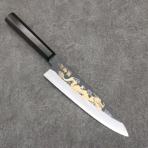 Sakai Takayuki Gravure remplie d'or par Kubota Unryu Acier Blanc No.2 Finition noire Gyuto 210mm Bois d'ébène Manipuler - japanny-FR