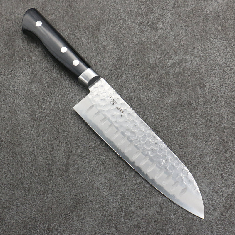 Seisuke Acier Bleu Martelé Côtelé Santoku 180mm Bois de pakka noir Manipuler - japanny-FR