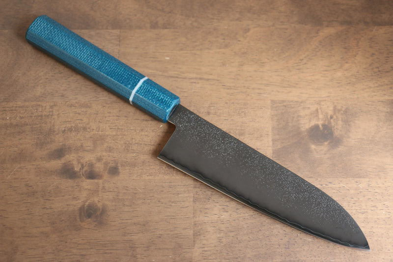 Seisuke VG5 Nashiji Teinture noire Santoku  165mm Toile Micarta Bleue Manipuler - japanny-FR