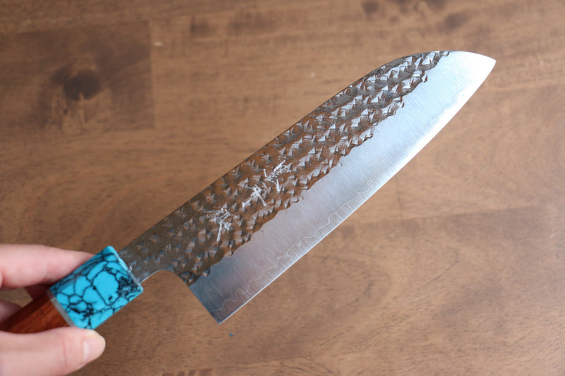 Yu Kurosaki Senko R2/SG2 Martelé Santoku  165mm Shitan(férule:turquoise avec anneau) Manipuler - japanny-FR