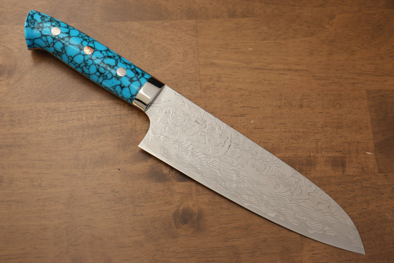 Takeshi Saji R2/SG2 Finition en diamant Santoku  180mm Bleu turquoise  Manipuler - japanny-FR