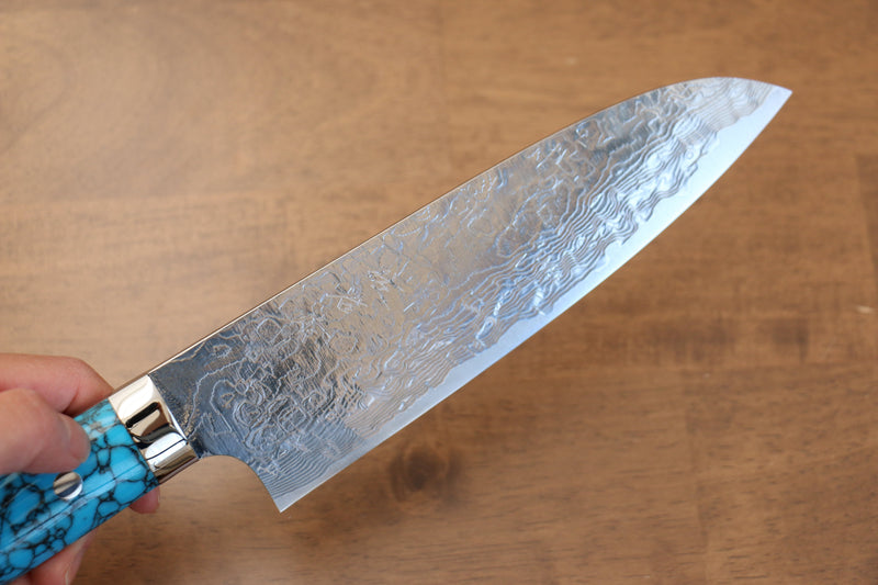 Takeshi Saji R2/SG2 Finition en diamant Santoku  180mm Bleu turquoise  Manipuler - japanny-FR
