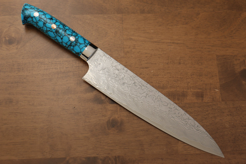 Takeshi Saji R2/SG2 Finition en diamant Gyuto  210mm Bleu turquoise  Manipuler - japanny-FR