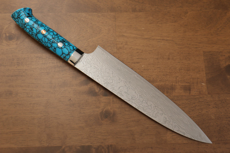 Takeshi Saji R2/SG2 Finition en diamant Gyuto  210mm Bleu turquoise  Manipuler - japanny-FR