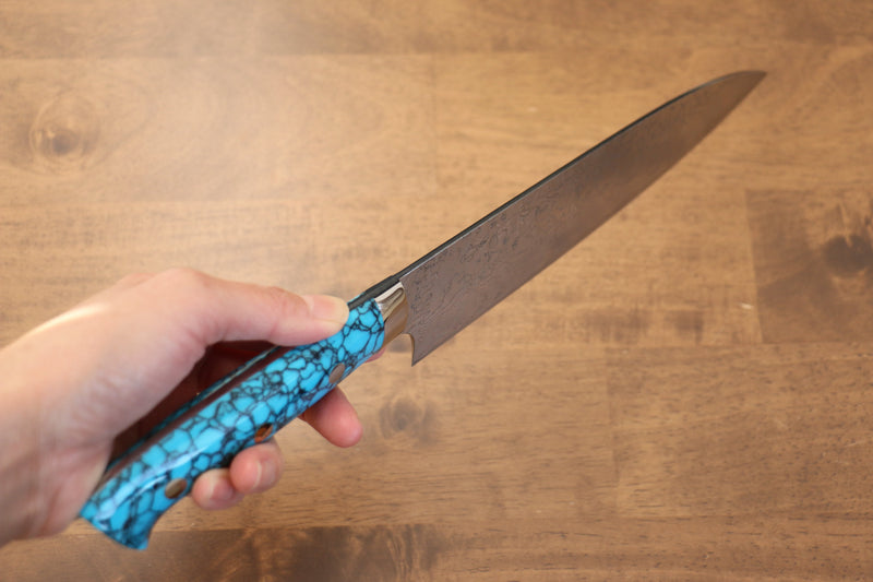 Takeshi Saji R2/SG2 Finition en diamant Gyuto  210mm Bleu turquoise  Manipuler - japanny-FR