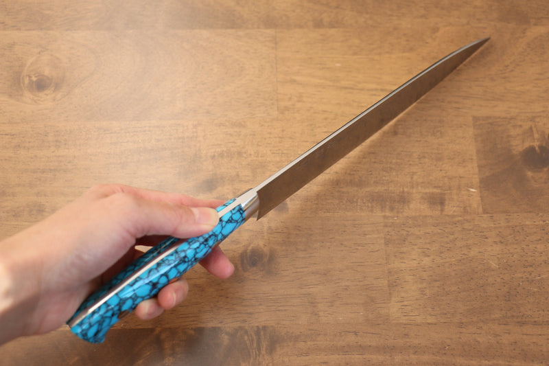 Takeshi Saji R2/SG2 Finition en diamant Gyuto  210mm Bleu turquoise  Manipuler - japanny-FR