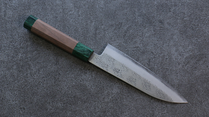 Seisuke Super Bleu Martelé Santoku  165mm Noix(double bague vert ) Manipuler - japanny-FR