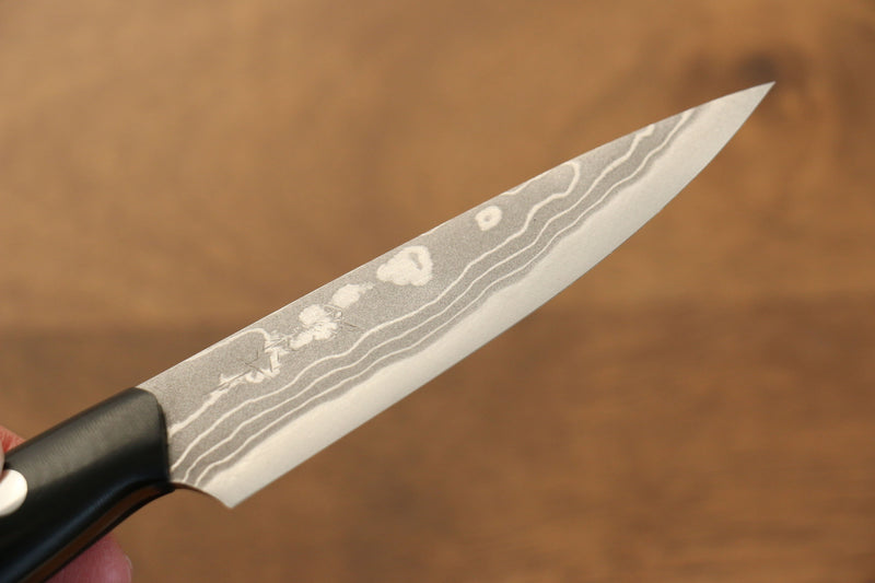 Kazuo Nomura Acier Blanc Damas couteau de chasseur  100mm Micarta noir Manipuler avec Gaine - japanny-FR