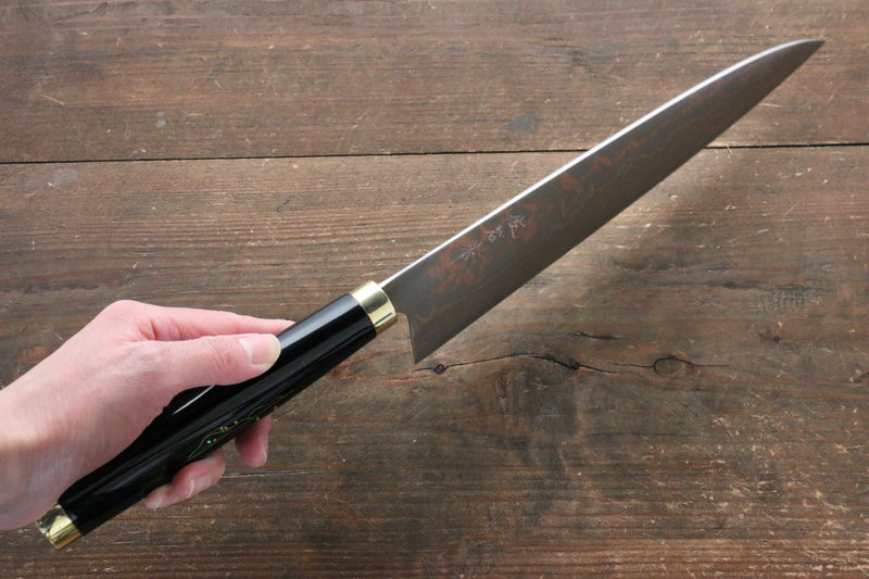 Takeshi Saji Acier Bleu No.2 Damas coloré Art Maki-e
 Gyuto  240mm Laqué Manipuler - japanny-FR