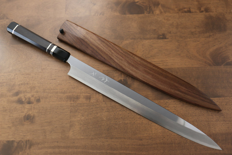 Yu Kurosaki Acier Bleu No.2 Finition en miroir Yanagiba  330mm Ebène avec double bague de buffle d'eau Manipuler avec Gaine - japanny-FR