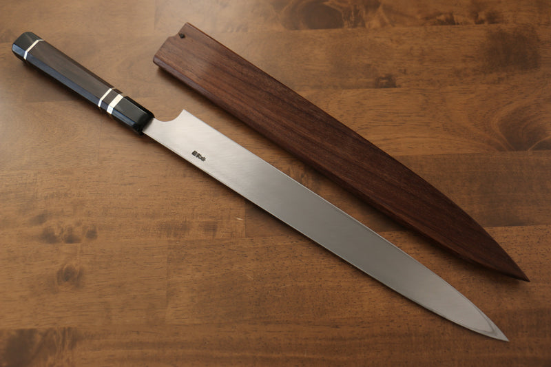 Yu Kurosaki Acier Bleu No.2 Finition en miroir Yanagiba  330mm Ebène avec double bague de buffle d'eau Manipuler avec Gaine - japanny-FR