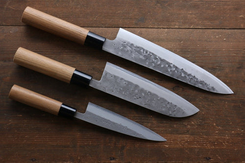 Set de couteaux de cuisine japonais Seisuke Blue Steel No.2 Nashiji Gyuto, Santoku, Petty - japanny-FR