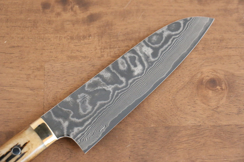 Takeshi Saji VG10 Damas noir Santoku  180mm Os de vache marron Manipuler - japanny-FR