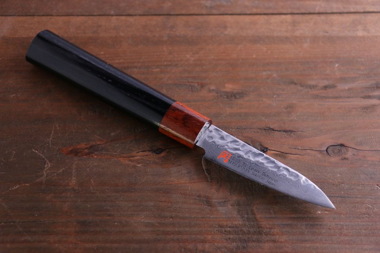 Silas Coutellerie - Couteau éminceur type Santoku; lame en acier inox  suminagashi vg10; manche en buis échauffé et bronze.