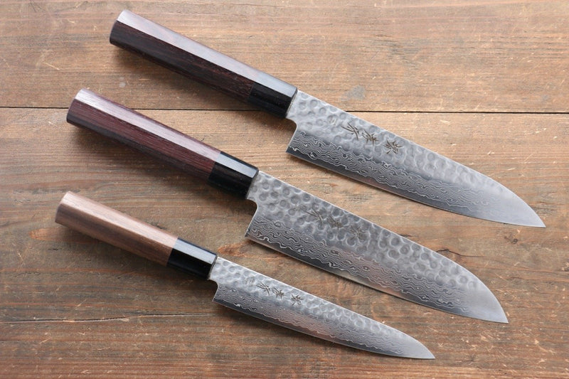 Sakai Takayuki 45 Layer Damascus Japanese Chef's Gyuto, Santoku & Petty Knife with Shitan Handle Set - japanny-FR