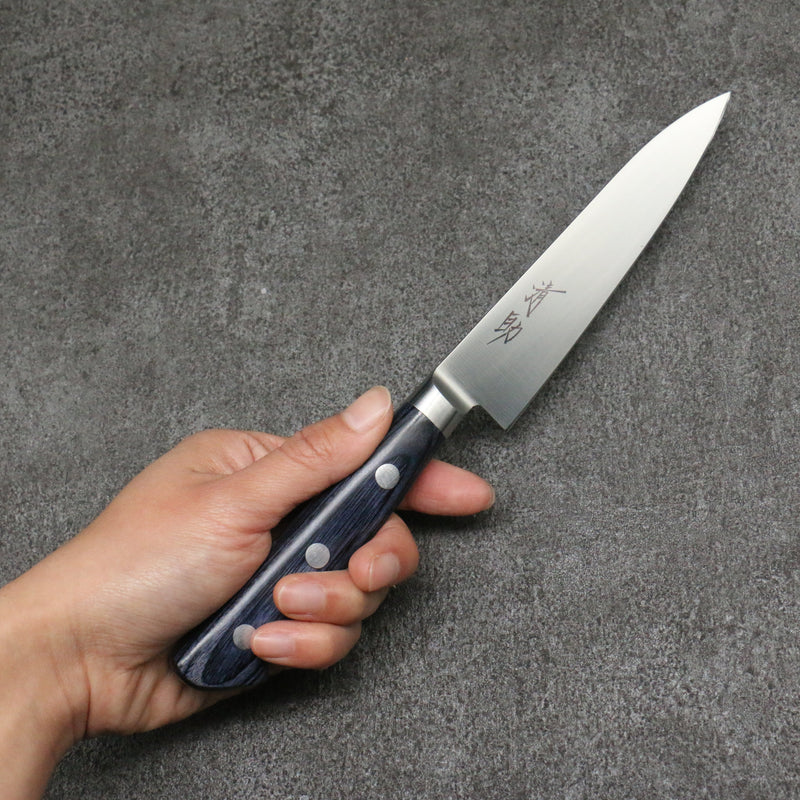 Seisuke Seiten Molybdene Petite-utilité Couteau Japonais 120mm bleu marine de pakka noir Manipuler avec Gaine - japanny-FR