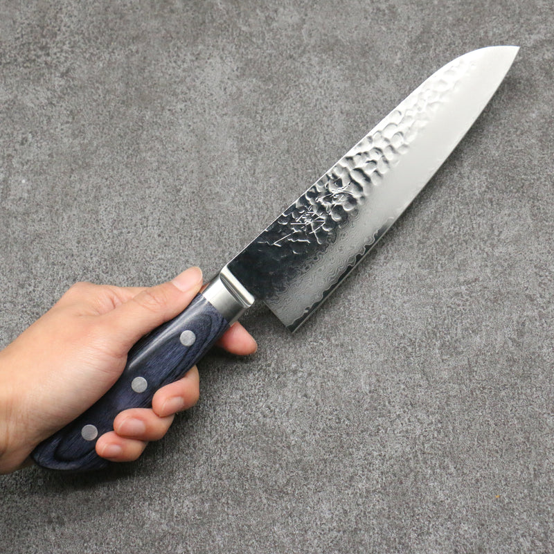 Seisuke Seiun VG10 33-Couches Damas Santoku Couteau Japonais 180mm bleu marine de pakka noir Manipuler avec Gaine - japanny-FR