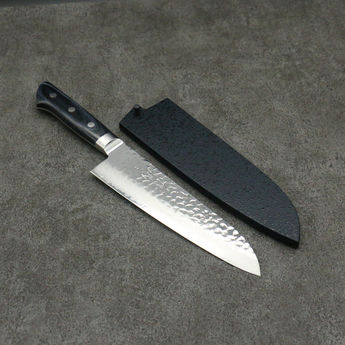 Seisuke Seiun VG10 33-Couches Damas Santoku Couteau Japonais 180mm bleu marine de pakka noir Manipuler avec Gaine - japanny-FR