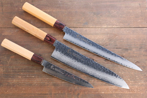 Sakai Takayuki VG10 33 Layer Damascus Japanese Chef Knife Sujihiki 240mm, Gyuto 240mm& Petty 150mm Set with Keyaki Handle(Japanese Elm) - japanny-FR