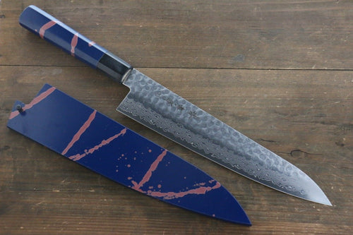 Sakai Takayuki 45 Couche de Damas Martelé Gyuto  240mm Laqué bleu Manipuler - japanny-FR