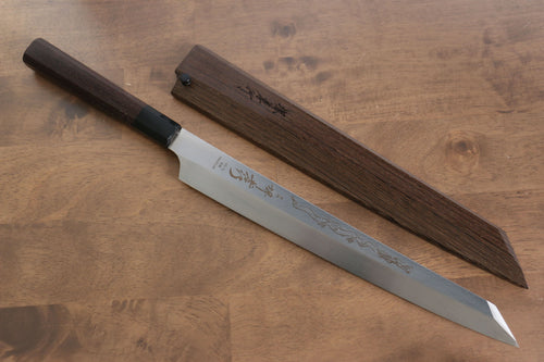 Sakai Takayuki Honyaki VG10 Gravure de dragon Kengata Yanagiba  300mm Wenge Manipuler avec Gaine - japanny-FR