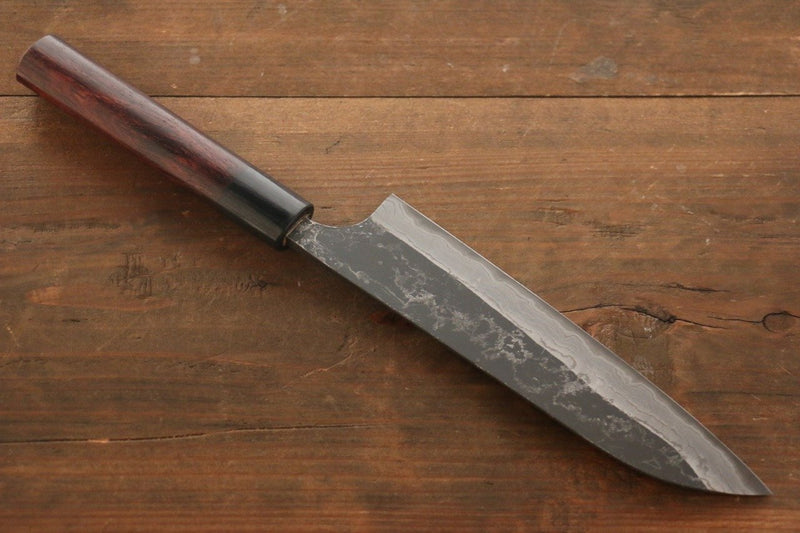 Shungo Ogata Acier Blanc No.2 Kurouchi Damas Santoku  180mm Shitan Manipuler - japanny-FR