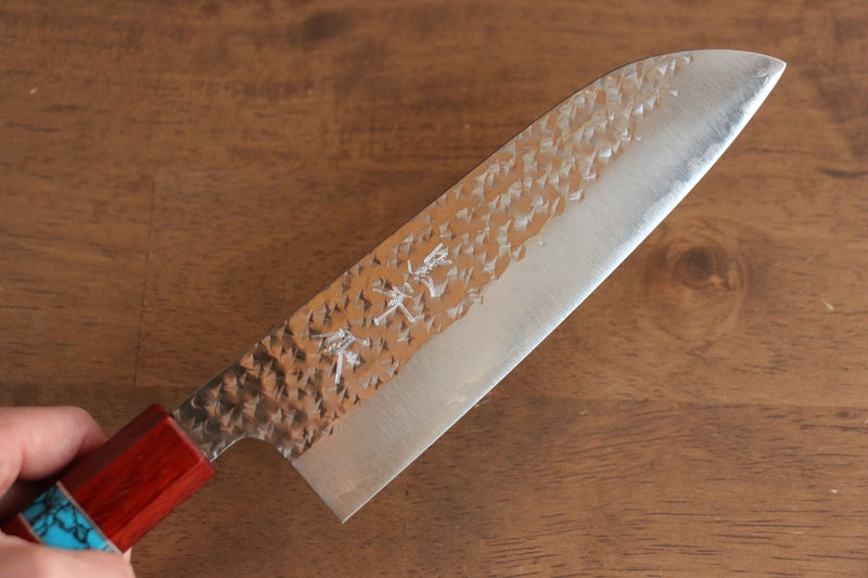 Yu Kurosaki Senko R2/SG2 Martelé Santoku  165mm Padoauk(férule:turquoise avec anneau) Manipuler - japanny-FR