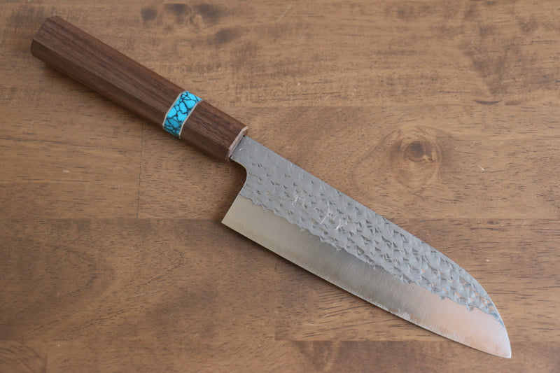 Yu Kurosaki Senko R2/SG2 Martelé Santoku  165mm Noix(férule:turquoise avec anneau) Manipuler - japanny-FR