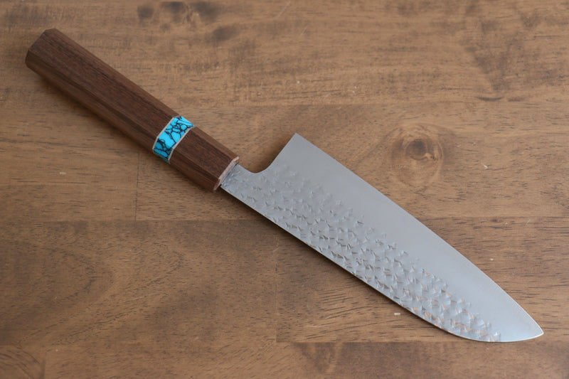 Yu Kurosaki Senko R2/SG2 Martelé Santoku  165mm Noix(férule:turquoise avec anneau) Manipuler - japanny-FR