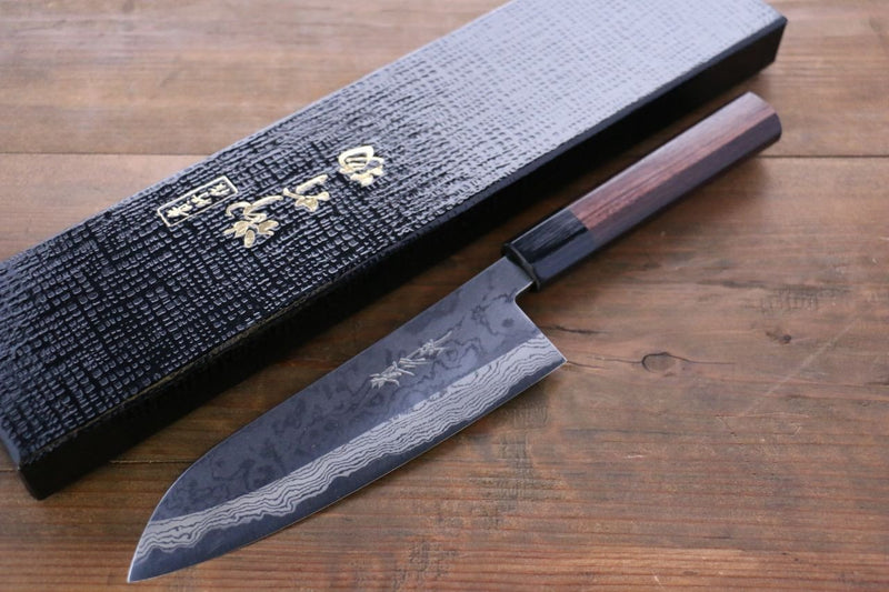 Takayuki Iwai Acier Bleu No.2 Damas Santoku  170mm Shitan Manipuler - japanny-FR