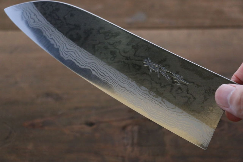 Takayuki Iwai Acier Bleu No.2 Damas Santoku  170mm Shitan Manipuler - japanny-FR